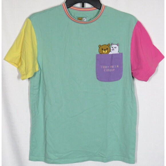 Ripndip Teddy Fresh Colorblock Cat Bear Flip Off Tee Shirt Unisex Adult Sz Small - Picture 1 of 14